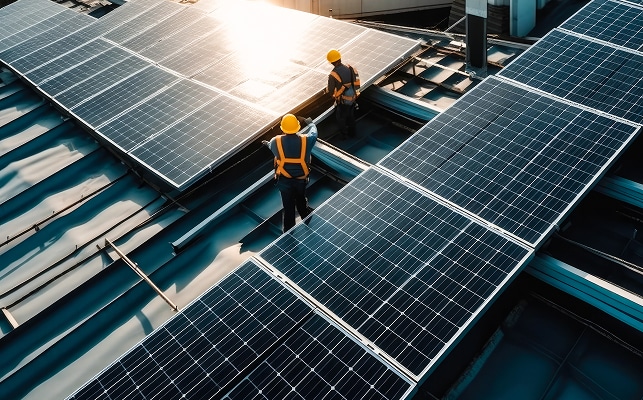 Installation de Panneaux Solaires sur Toit par des Experts. Deux techniciens installent des panneaux solaires photovoltaïques sur un toit métallique. Ils portent des casques jaunes et des harnais de sécurité.