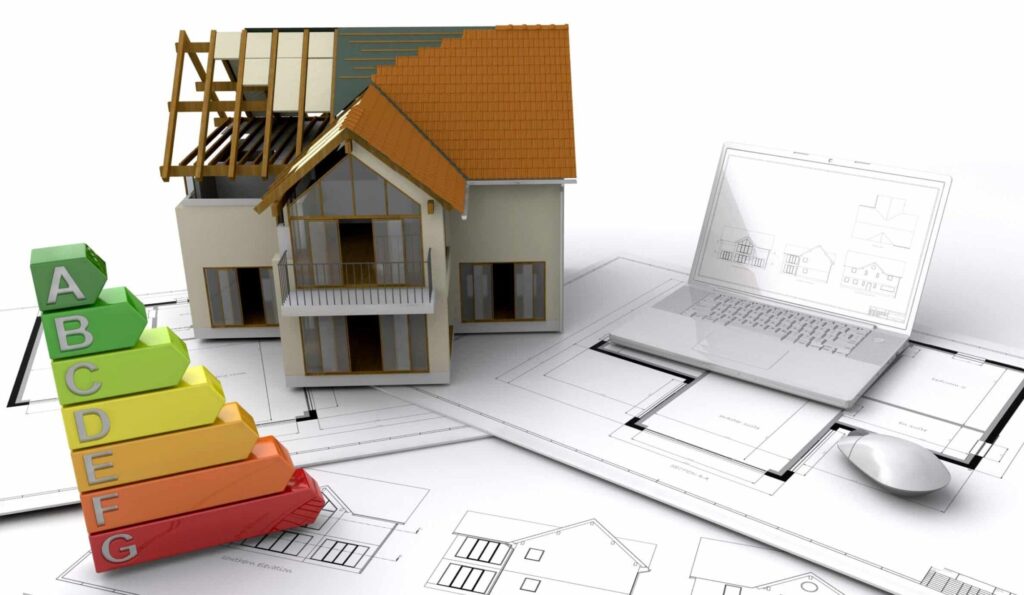Construction et Performance Énergétique A-G de la Maison. Conception architecturale pour maison éco-énergétique. Modèle 3D en rénovation, plans CAD, et indicateur de performance énergétique A-G.